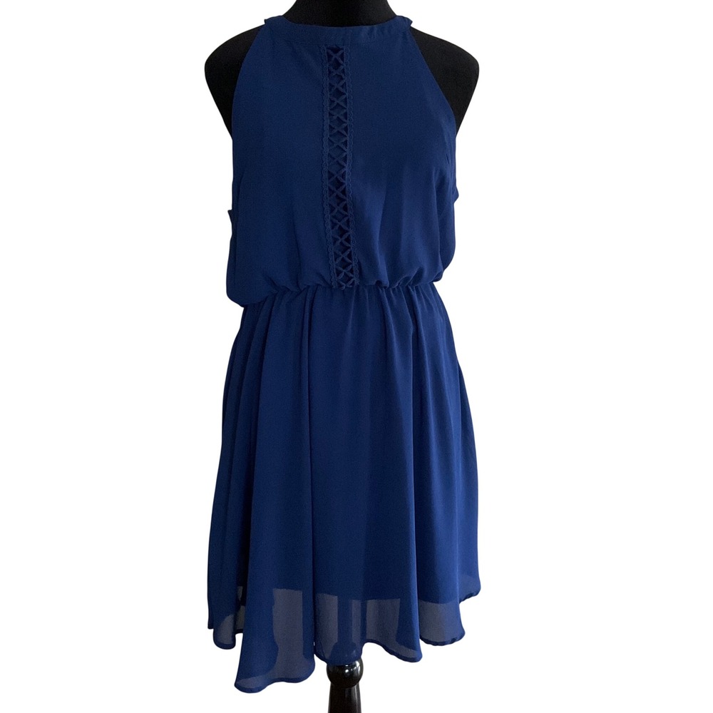 Blue Rain Blue Halter Baby Doll Mini Dress Lattice Crochet Detail Sz M Coquette